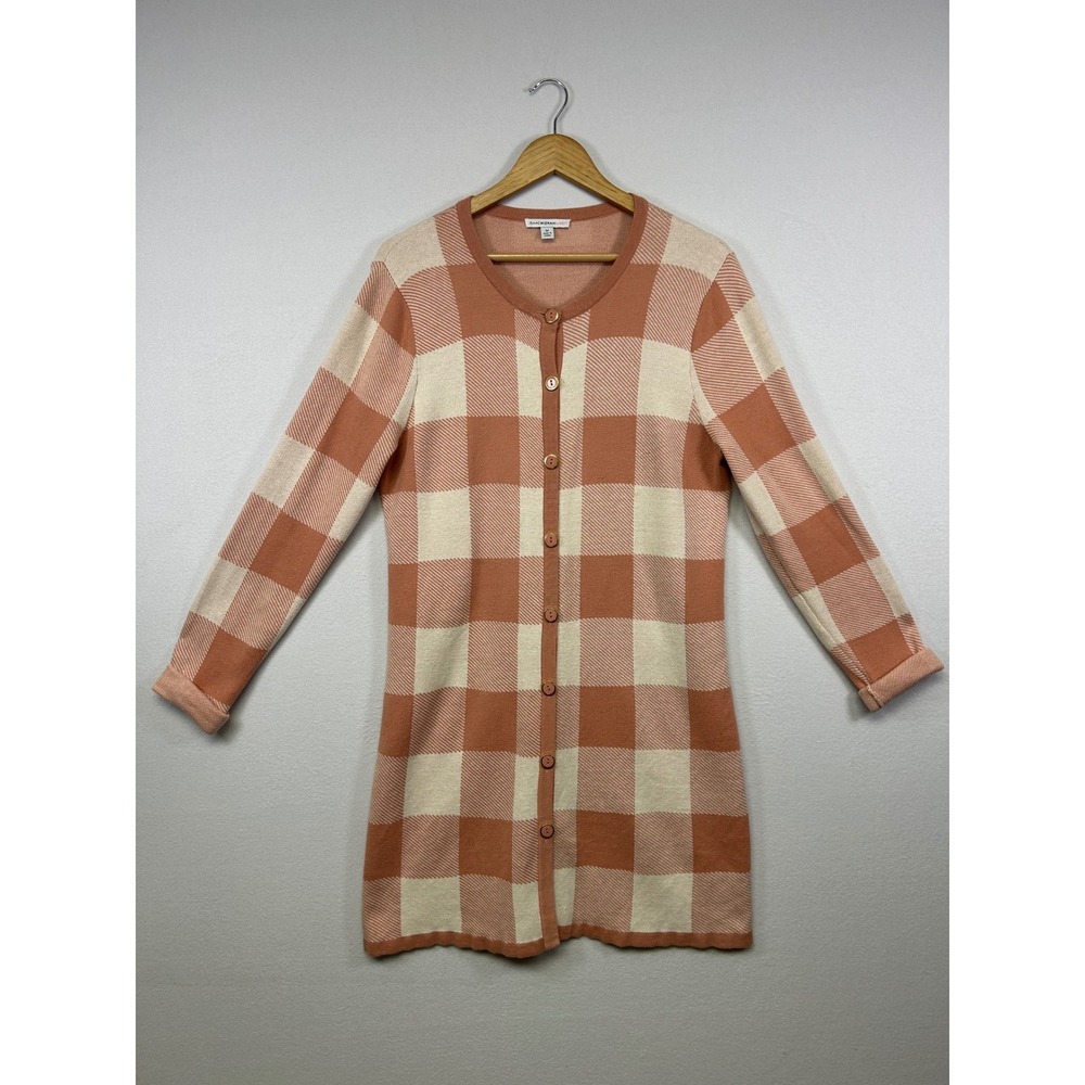 Preppy Isaac Mizrahi Live! Womens Medium Peach Buffalo Plaid‎ Longline Cardigan